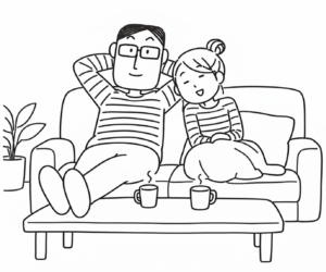 ソファで寄り添ってくつろぐ二人