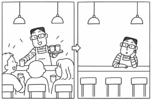 にぎやかな店がぱったり静かになる様子
