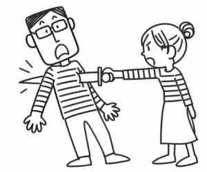 剣が胸に刺さった人物と剣を持つ人物