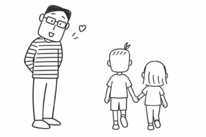 二人の子どもを見つめる人物