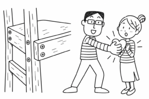 太い木の扉を閉めようとする二人