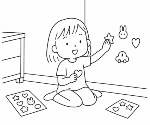 床で星形のシールをぺたりと貼る子ども