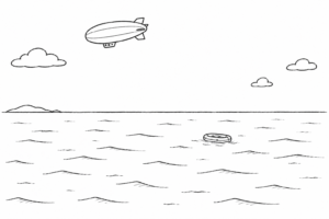 海にぷっかり浮かぶ飛行船と浮き輪