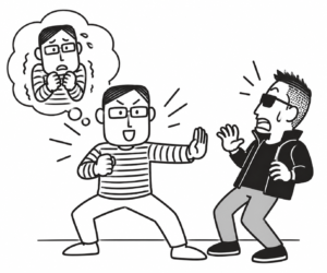 相手に手をかざす人物と、内心の不安を示す吹き出し