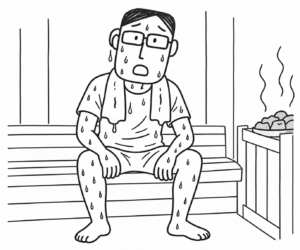 サウナで汗をかく人物