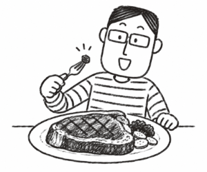 小さな一口だけ肉を食べる人物